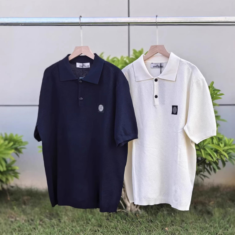 Cross-Border Stone Stone Loose-Fit Logo Knit Short-Sleeve Button-Up Breathable High-Version Polo Shirt for Men with Embroidery