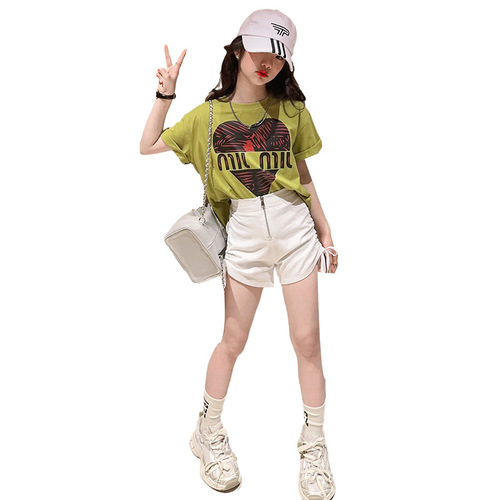 Girls Summer Suit 203 New Casual Girls Middle and Large Children Love Short Sleeve Drawstring Shorts Two-piece Set Children's Clothing 8