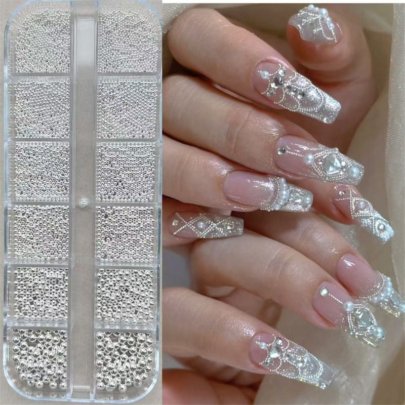 Cross-Border 12-Grid Metal Spherical Steel Bead Jewelry Nail Art Influencer Picks Small Steel Beads French Nail Seam Small Decoration