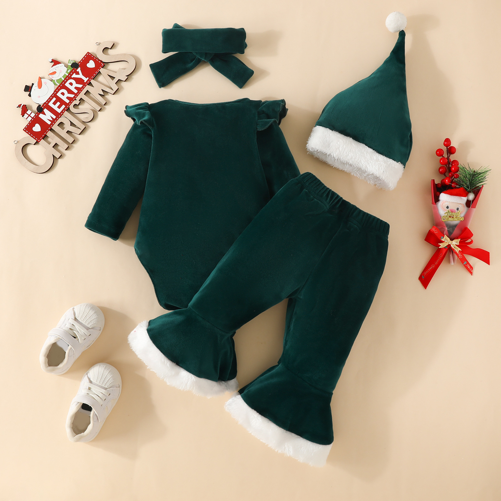 Cross-Border 4PCs Niño "Navidad" carta de impresión volando manga larga Top + pantalones acampanados + pañuelo + sombrero