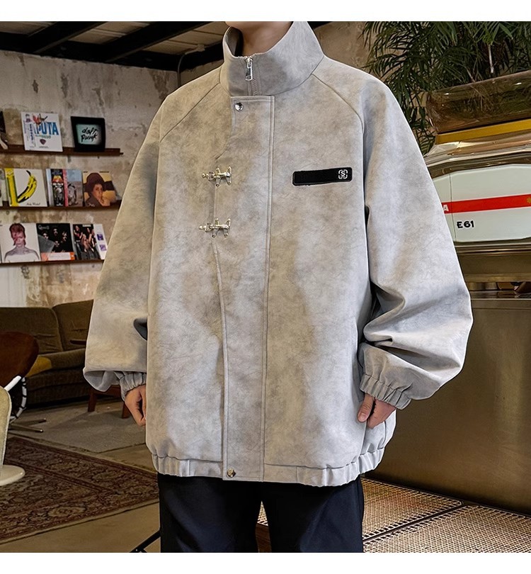 American High Street Buckle Locomotive Pu chaqueta de cuero hombre marca de invierno y otoño suelta retro alta sensación de abrigo de cuero de cuello vertical