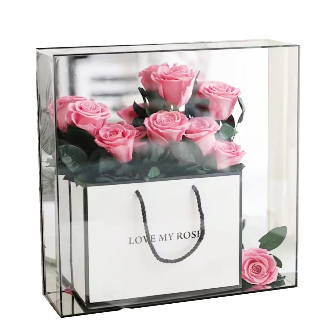 Flor de la eternidad Rose acabado caja de flores acrílico Día de San Valentín para novia regalo de cumpleaños de alto nivel perímetro de la eternidad