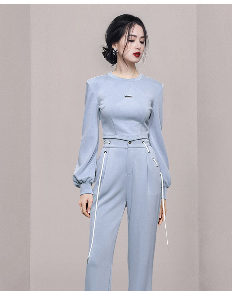 【中国直邮】HEY+JEANS 新款时尚气质上衣+女装阔腿裤两件套 浅蓝色 S