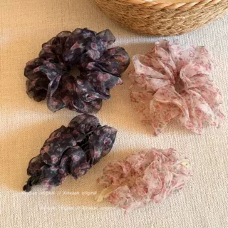 复古碎花网纱大肠发圈女夏季薄款扎头发绳不伤发马尾丸子头绳发饰