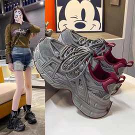 欧洲站高级真皮厚底老爹鞋女2025春新款安可拉红小个子增高运动鞋