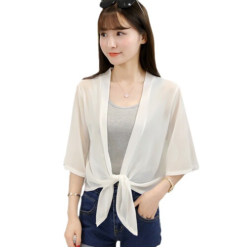 2025 Summer Sunscreen Women's Summer Thin Chiffon Open Cardigan Small Shoulder Scarf Loose Short Sleeve Short Jacket Fashion Matchable