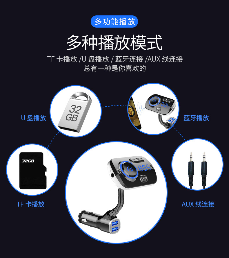 New car-mounted Bluetooth MP3 FM transmitter with QC3.0, colorful ambient lighting, and voice assistant