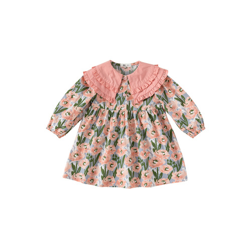 babycity girls spring petal collar floral skirt sweet long-sleeved dress pink girls skirt CY23054