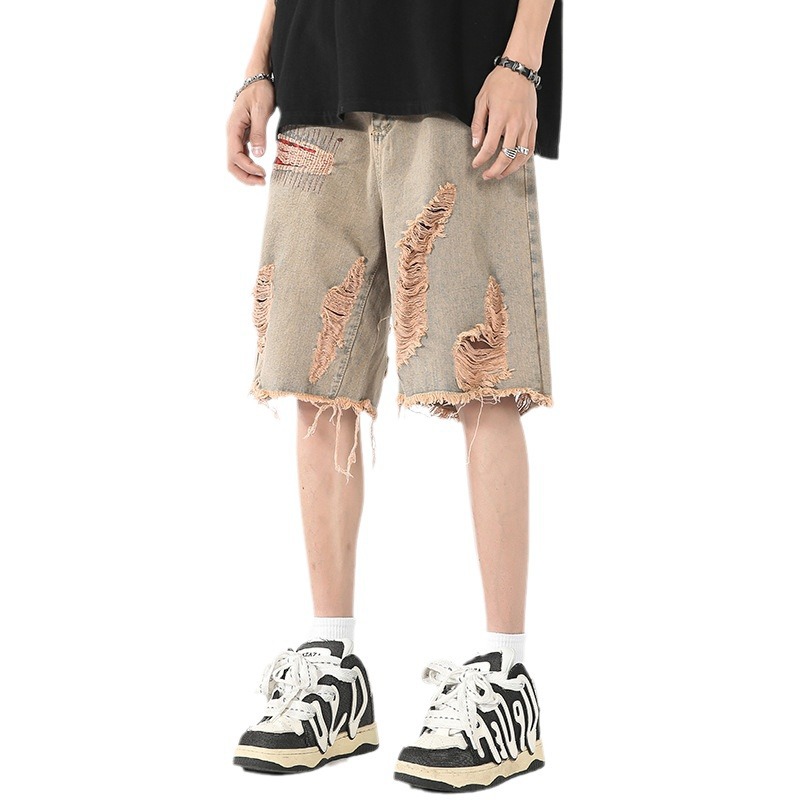 Jeans im amerikanischen Stil für Herren, 2024, Sommer, trendige Marke, Distressed-Denim-Shorts, Jugend, High Street, lockere, lässige Caprihosen_voghion.com