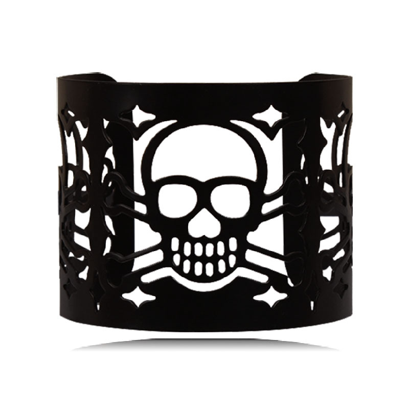 Bracelet en métal personnalisé avec tête de mort, bracelet large à manchette noire rétro punk pour Halloween_voghion.com