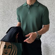 針織翻領Polo短袖T恤男美式復古男士夏季薄款潮流韓版條紋t恤男裝