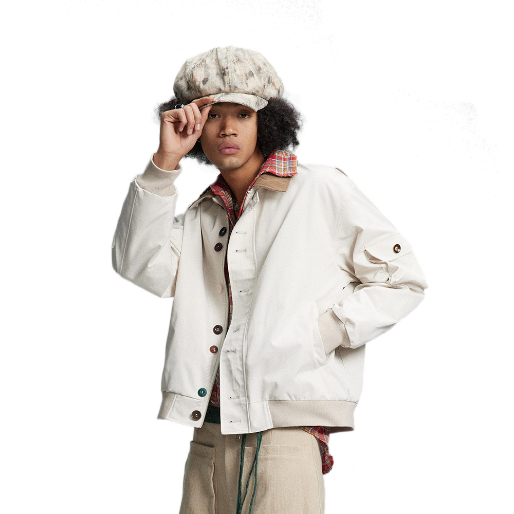 Stylische Arbeitsjacke für Herren – Übergroßer Streetwear-Mantel mit kontrastierendem Kragen und Knopfdesign | Punk-Ästhetik | Polyester | Lässige Oberbekleidung_voghion.com