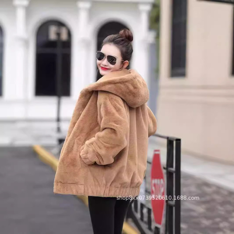 Women's Fur Coat Jacket Hooded Sweatshirt Korean Style Thickened Faux Mink Fur Coat Versatile Faux Fur Coat
