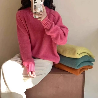 温柔复古慵懒风纯色圆领毛衣女秋冬跨境女装宽松套头软糯针织衫女