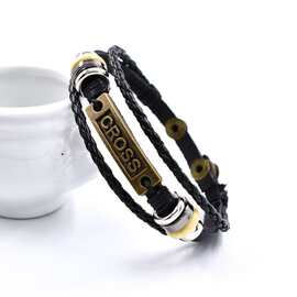 Temu热卖跨境十字架皮手链多层皮革锌合金古青cross款编织手链