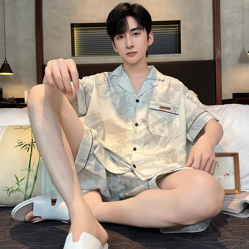 睡衣男士夏季2025新款冰丝短袖薄款夏天青少年男生家居服丝绸套装|undefined