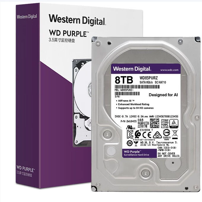 Подходит для видеонаблюдения, жесткий диск Western Digital Purple 8TB 256MB SATA CMR вертикальный (WD85PURZ)