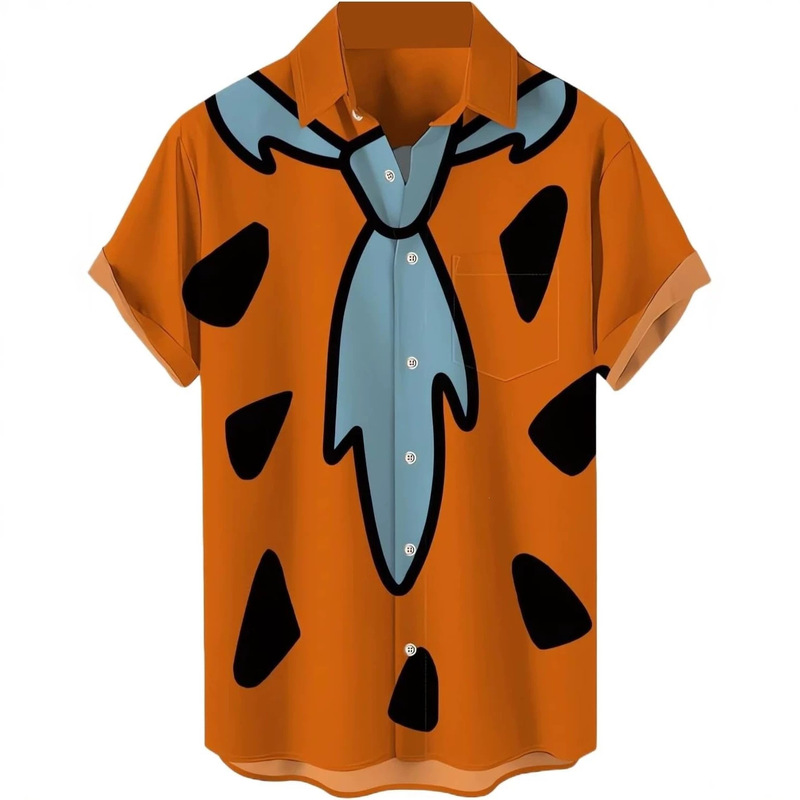 Cross-border modern caveman cartoon print short-sleeve shirt, American-style fun character cosplay casual open-front shirt