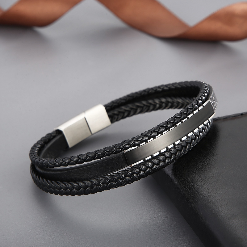 PVD Coated Gold Plating Process 18K Real Gold Plated Plating Material Stone-Free Inlay Material Casual Simple Style Geometric Stainless Steel Cowhide Braid Men's Bangle Men Cord & Leather Bracelets