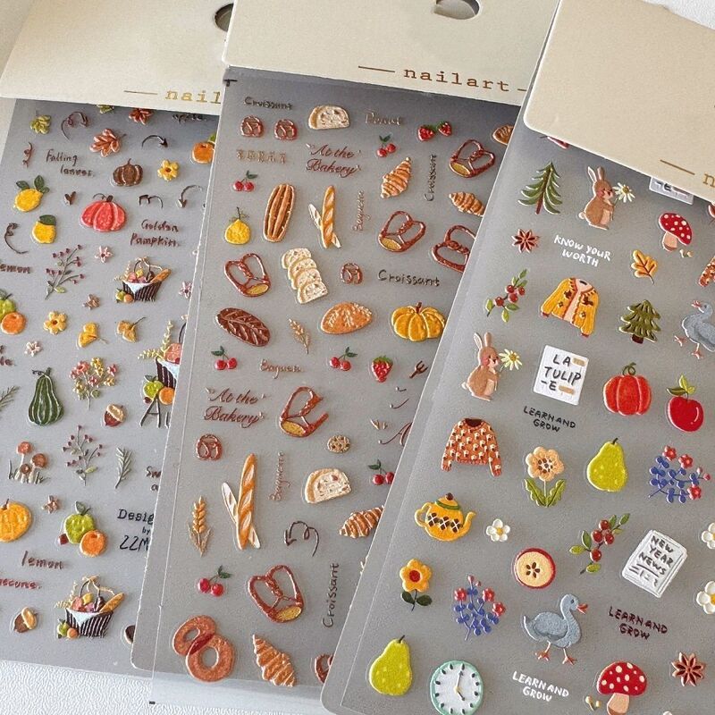 Embossed nail art stickers autumn graffiti cute 3D nail stickers Maillard bunny picnic bread flowers adhesive backing