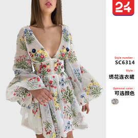2025夏新款跨境女装网纱刺绣设计感灯笼袖仙女连衣裙生日派对礼服