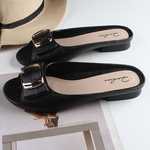 Holly Shark New Ladies Summer Half Slippers Fashion Square Buckle Casual Thick Heel Outdoor Wear Flat Bottom Daily Flip Flops 