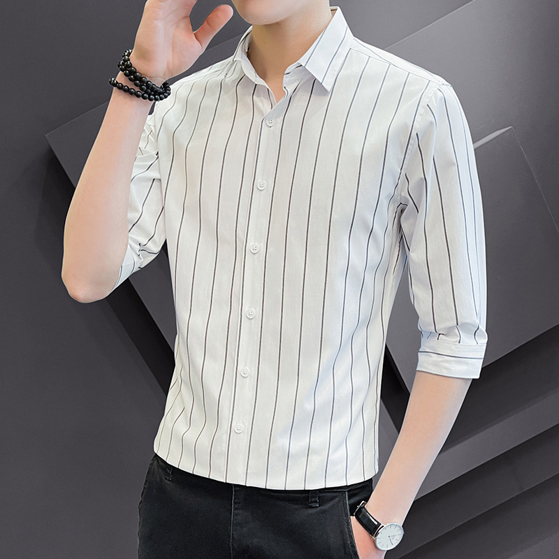 Plus Size Short-Sleeved Shirt for Men 2022 Striped Three-Quarter Shirt Jacket Spring and Summer Slim Fit Men's Business Casual