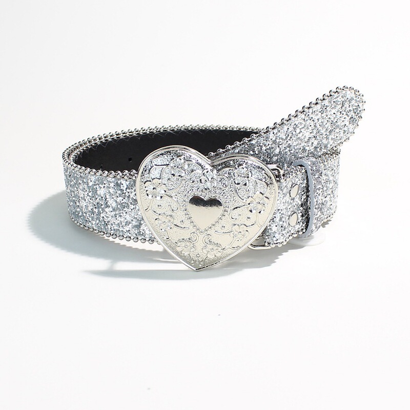 Heart-Shaped Buckle Belt with Beads for Women, Silver Sequin Wide Belt, Y2K Decorative Versatile Jeans Belt for Women