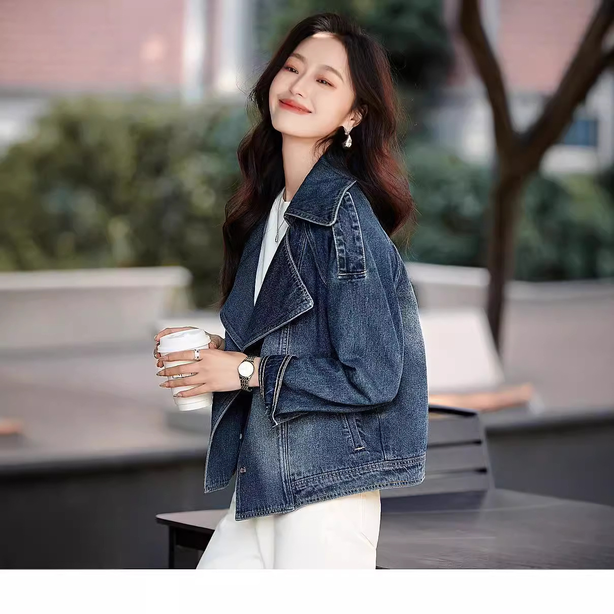 Women's Casual Stylish Trench Coat Short Collared Denim Jacket Spring Autumn New Fashion Style_mkmklike.com