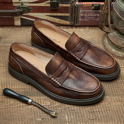 Summer genuine leather loafer men's soft-bottom casual leather shoes men's British style retro moccasin slip-on shoes for men
