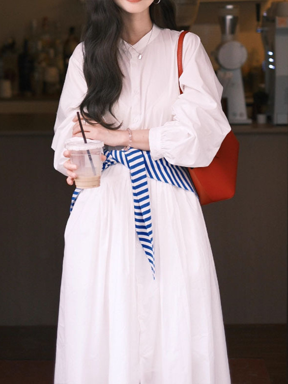 法式白色长袖衬衫连衣裙子女2025新款早秋气质高级感宽松显瘦长裙|undefined