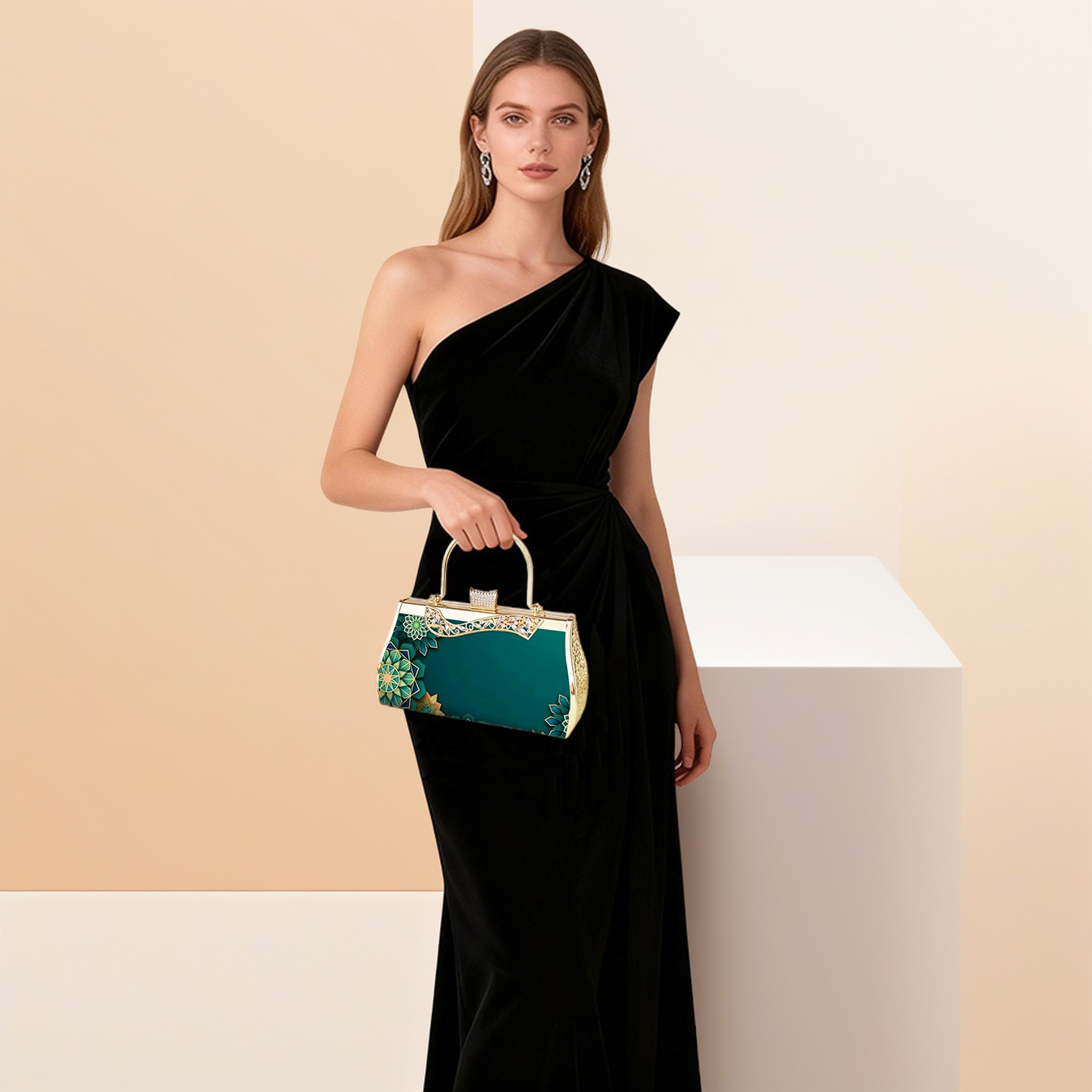 Elegante Abendtasche In Smaragdgrün Mit Blumenmuster Und Gold_voghion.com