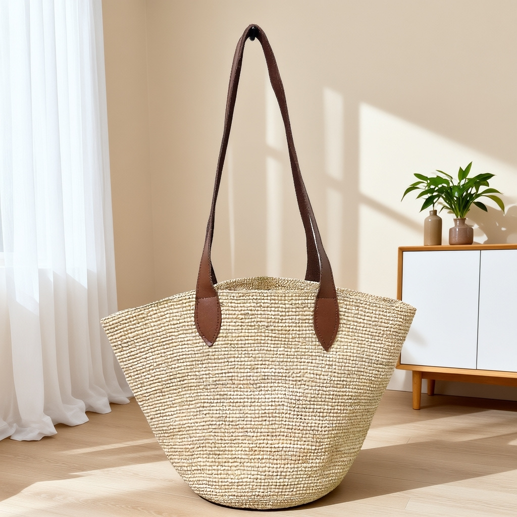 Niche Design Vacation Style Raffia Cowhide Shoulder Bucket Bag For Women, New Summer Large Capacity Casual Handbag - Thumbnail 2