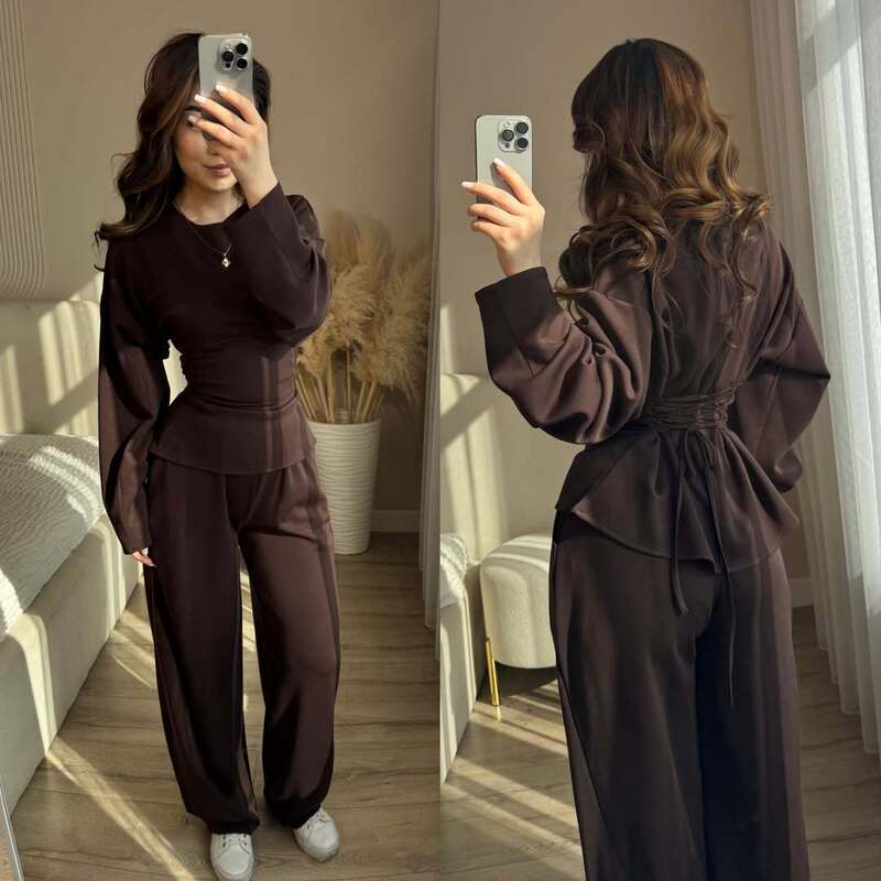 Cross-Border Foreign Trade European and American Women's Clothing Loose Puff Sleeve Round Neck Tie-Waist Top Fashion Solid Color Casual Pants Set Cross-Border Foreign Trade European and American Women's Clothing Loose Puff Sleeve Round Neck Tie-Waist Top Fashion Solid Color Casual Pants Set