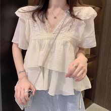 2024夏季新款甜美雪纺衬衫洋气减龄少女学生上衣荷叶边领短袖恤