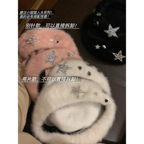 Handmade rabbit fur rhinestone plush beret women's autumn and winter fashion painter hat backward wear forward hat