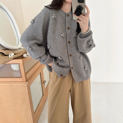 2025秋冬新款手工立体球球开衫毛衣女韩系宽松简约慵懒风针织外套