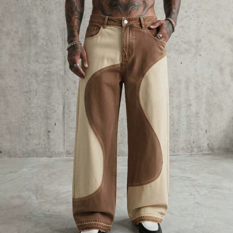 New autumn color-blocked curved patchwork jeans for men, American high street fashion brand, hip-hop loose wide-leg straight pants New autumn color-blocked curved patchwork jeans for men, American high street fashion brand, hip-hop loose wide-leg straight pants