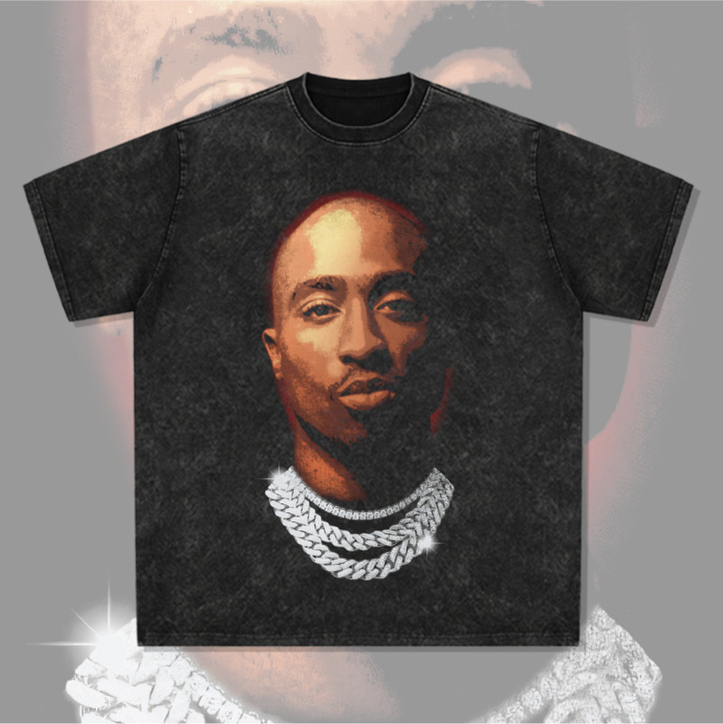 Cross-border Retro Hip-hop Tupac Printed Short-sleeved T-shirt Long-sleeved Vintage Washed Heavy-duty Small Collar All-match Ins