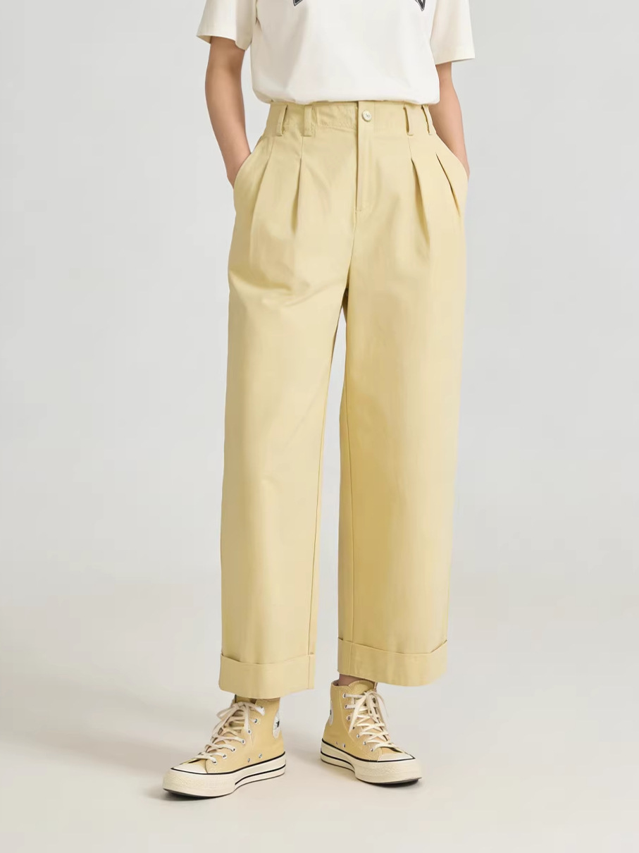 Quần culottes nữ ống rộng cạp cao chất liệu cotton wash — màu vàng