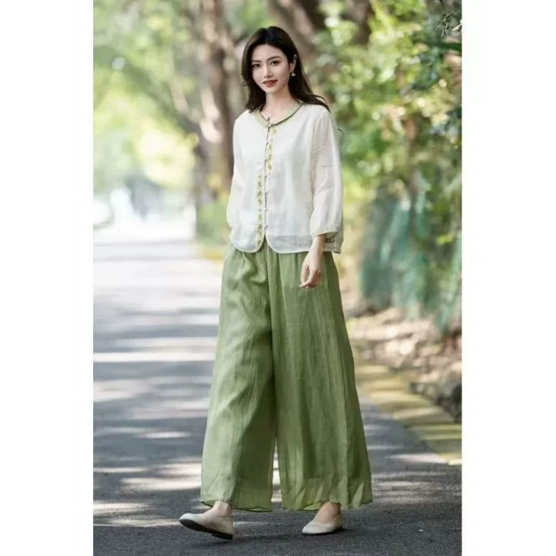 Брендовая распродажа женской одежды, новая рубашка из рами в китайском стиле с вышивкой в ​​национальном стиле, льняной хлопковый и льняной костюм с рукавами три четверти на пуговицах