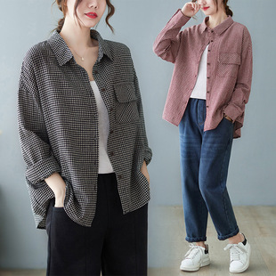 Real shot 2024 autumn new cotton and linen art plus size loose slim plaid long sleeve shirt top women