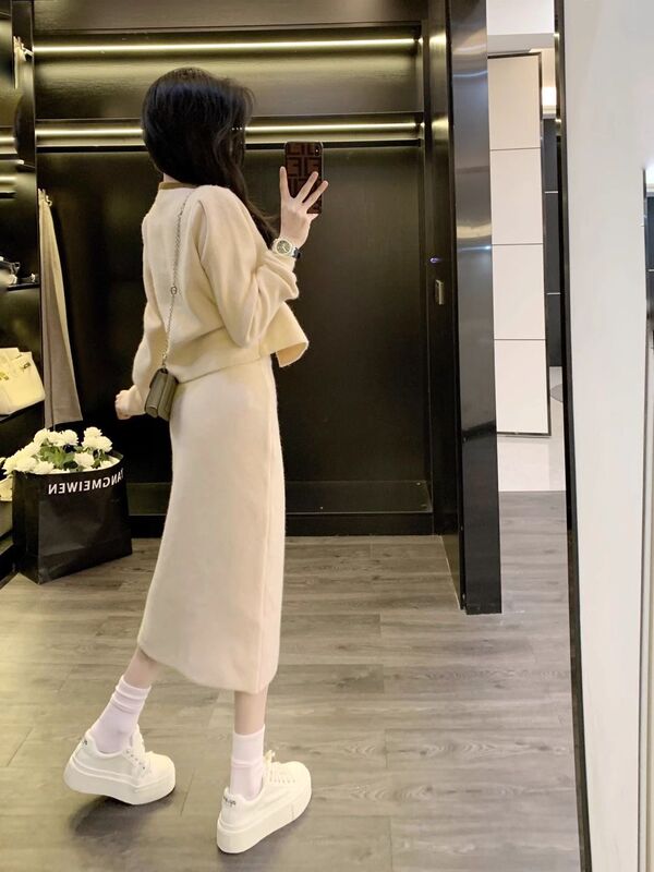 小香风针织裙套装女秋冬新款开衫小外套显瘦气质中长款半裙两件套|undefined