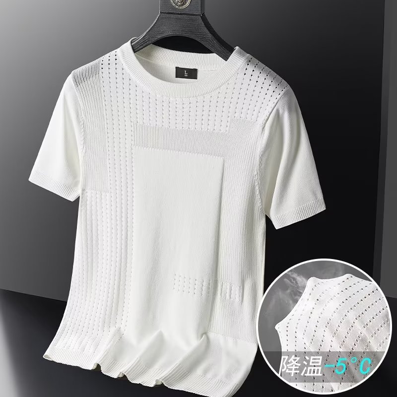 Camiseta de punto de manga corta para hombre, de malla de seda helada, fina, calada, transpirable, suave, de ajuste ceñido y cuello redondo, con tacto refrescante.