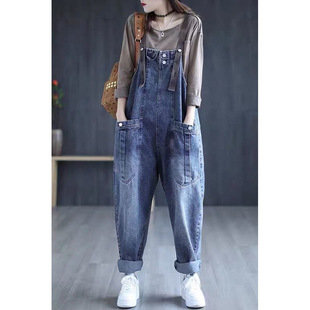 Plus-Size Denim Overalls for Women, Spring and Autumn 2024 New Style, Large Size, Retro Loose Harem Casual Jeans