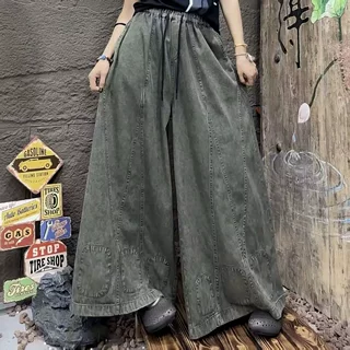 简梦炒色牛仔裤 2026春季新款松紧腰做旧宽松休闲阔腿裤女2511-19