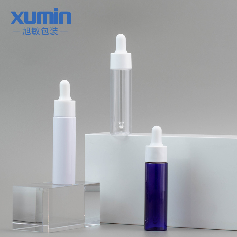 En stock Xumin material de embalaje 30ml botella cuentagotas para mascotas transparente blanco/transparente botella de esencia de plástico azul sub-botella