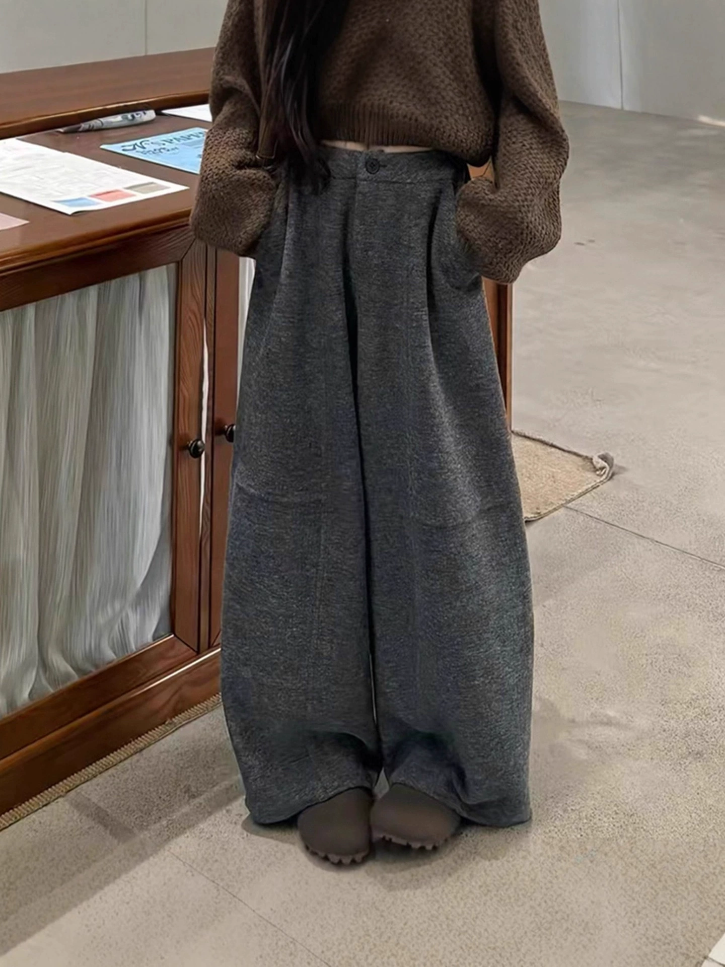 Fleece woolen trousers, plus size, loose fit