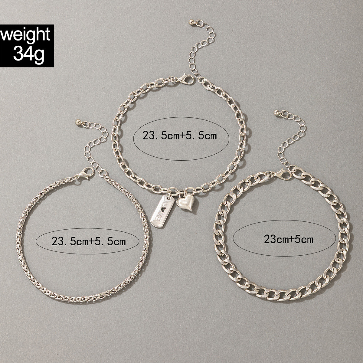 Metal 3-layer Anklet Ins Metal Wind Silver Buckle Chain Love Geometric Anklet 3-piece Set display picture 4