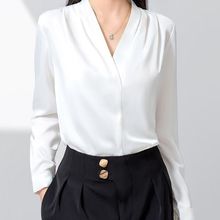 秋冬V领长袖衬衫女OL风白色软缎面上衣西服内搭气质工作服面试穿